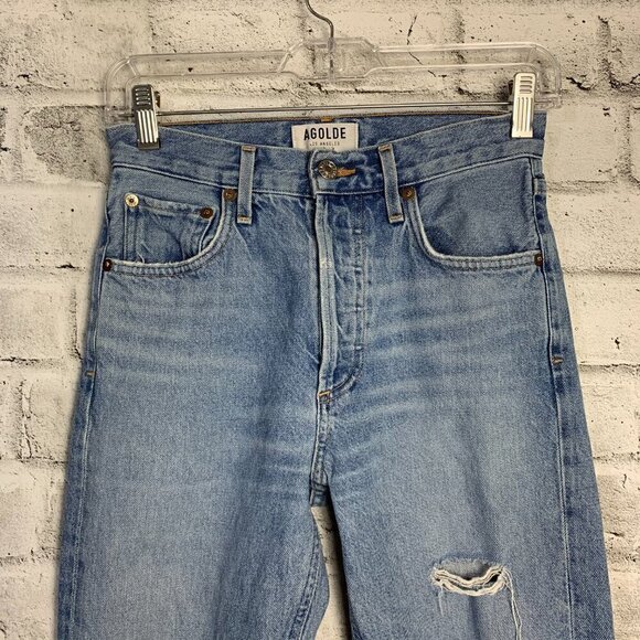 Agolde High Rise Distressed Light Wash Button Fly Straight Leg Ankle Jeans - Picture 2 of 11